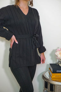 Black Ribbed Belted V Neck Loungesuit Co-ord Details