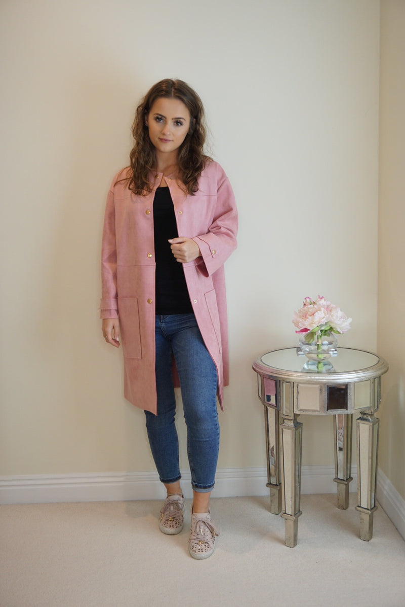 Styled Clothing Faux Suede Longline Jacket Pink with gold buttons