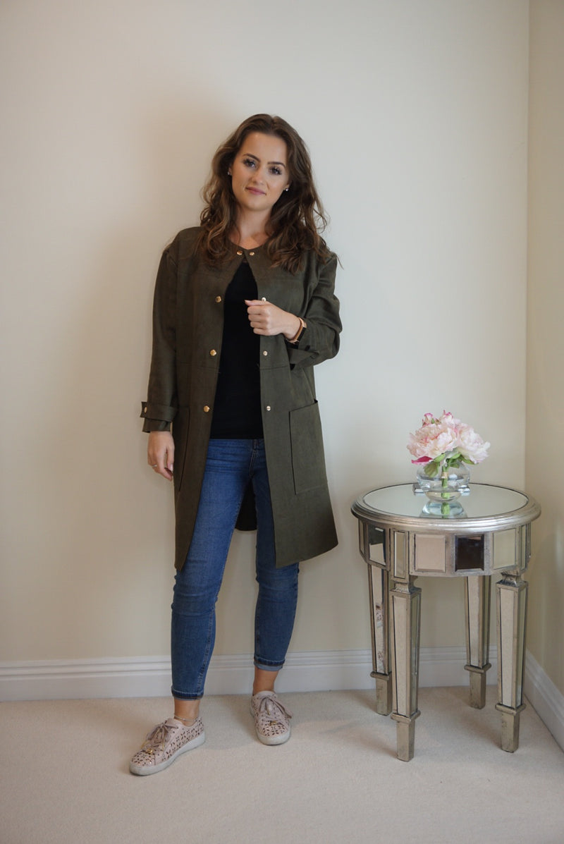 Styled Clothing Faux Suede Longline Jacket Khaki with Gold Buttons